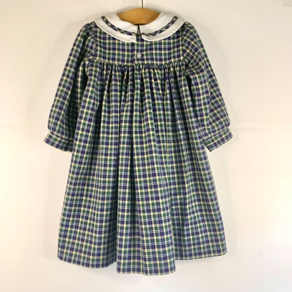 Girls Holiday Bishop white collar Green navy white tartan plaid A-line dress - Picture 4 of 13
